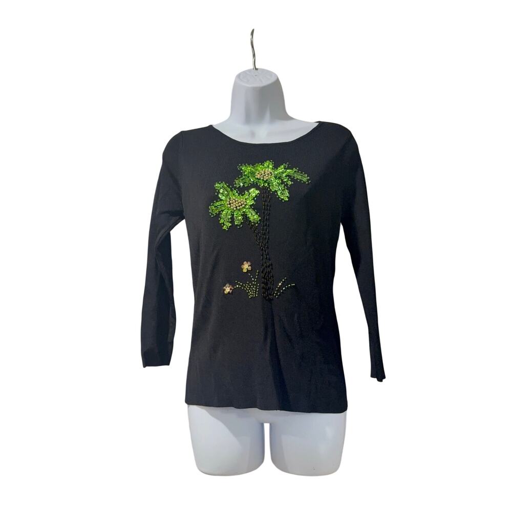 Vintage Lucia Burns Women’s S Black Beaded Sequin Palm Tree Top Y2K Tropical